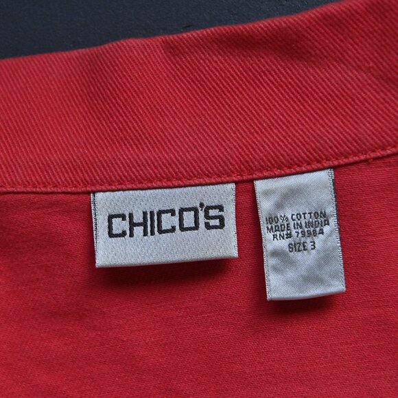 Chico's Y2K 90s Retro Biker Front Button Classic Fit Red Denim Jean Jacket Sz 3 - Picture 12 of 16